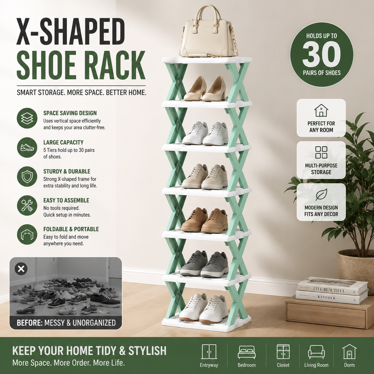 X-Shaped Shoe Rack | Space Saving Multi-Tier Shoe Storage Organizer