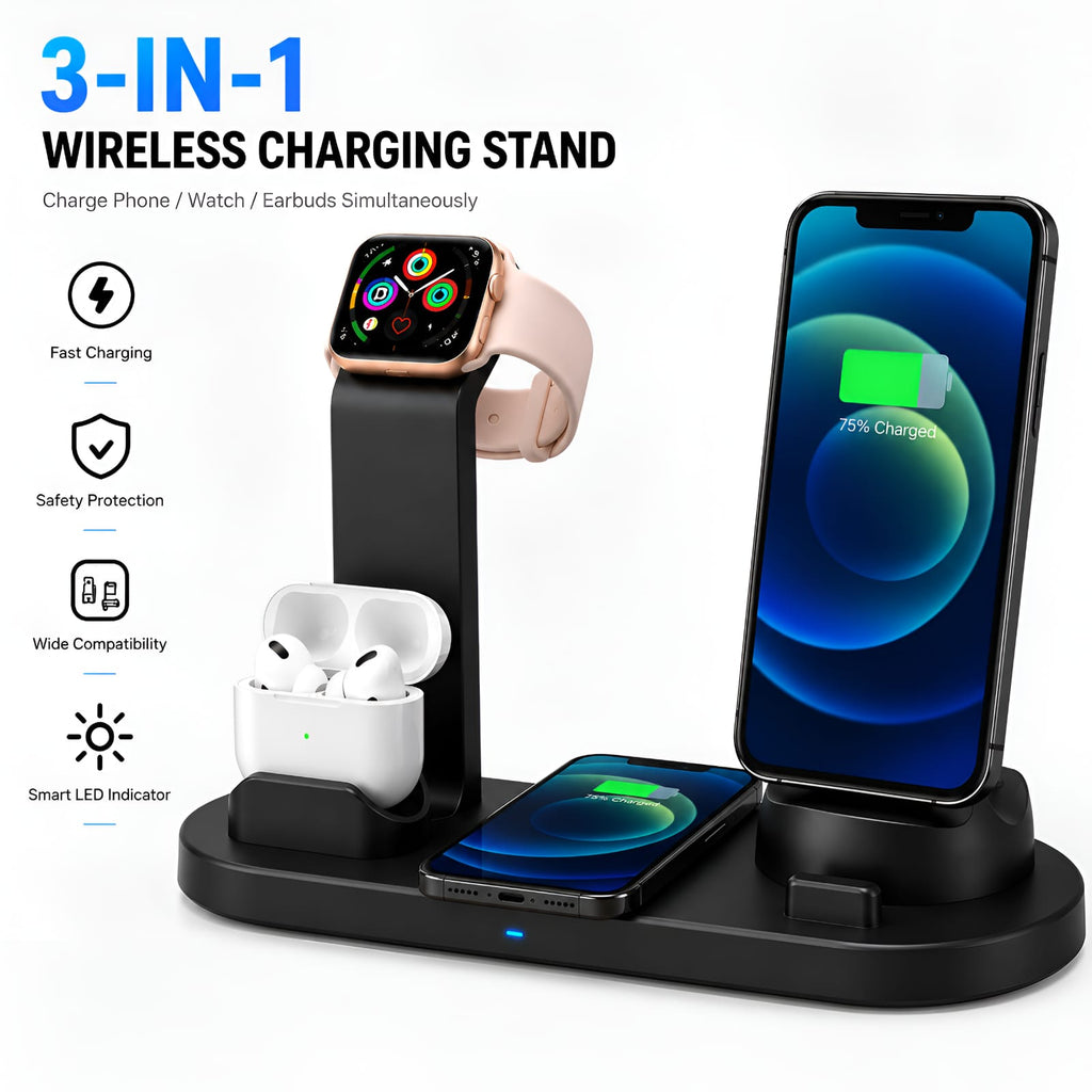 3-in-1 Wireless Charging Stand – Charge Phone, Watch & Earbuds Simultaneously | 15W Fast Qi Charger