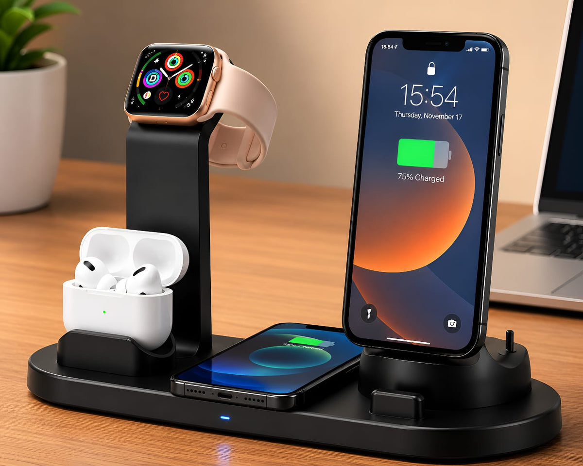 3-in-1 Wireless Charging Stand – Charge Phone, Watch & Earbuds Simultaneously | 15W Fast Qi Charger