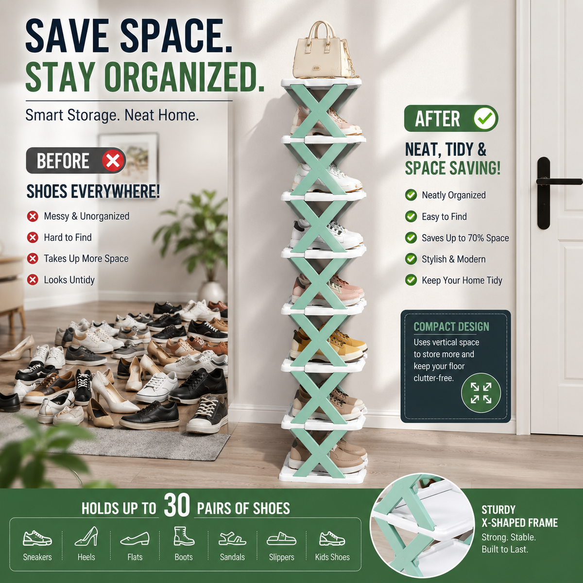 X-Shaped Shoe Rack | Space Saving Multi-Tier Shoe Storage Organizer